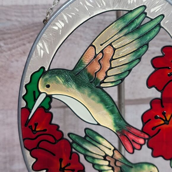 Hummingbird Suncatcher Appx 5x6 Oval Stained Glass Style Red Flowers Spoontiques - Picture 4 of 11
